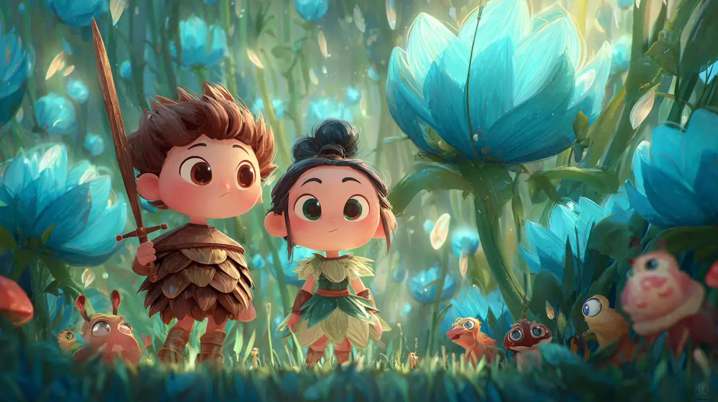Two tiny forest children in leaf armor standing among giant blue flowers and small forest creatures.