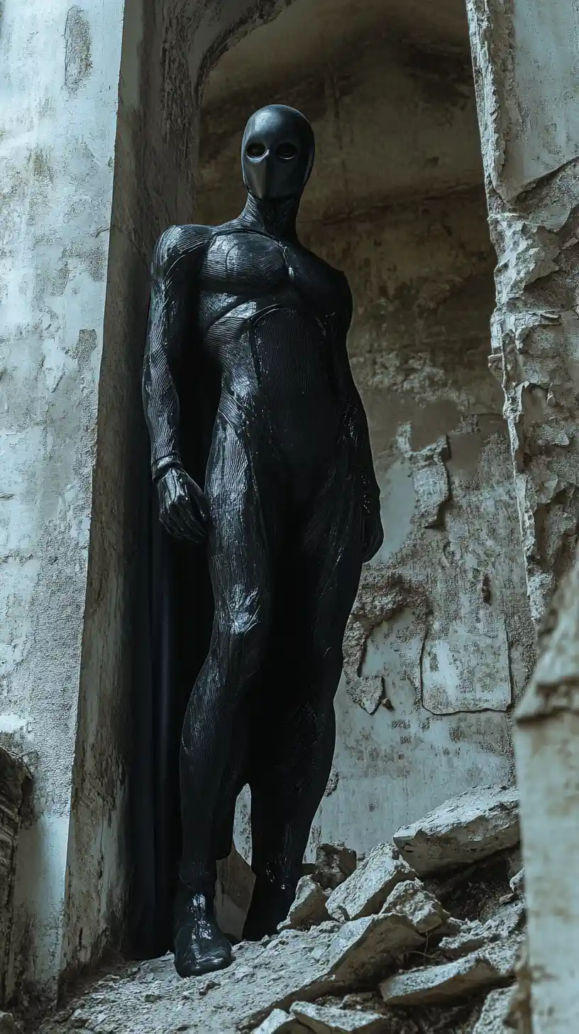 Masked agile hero in black amid ancient stone ruins