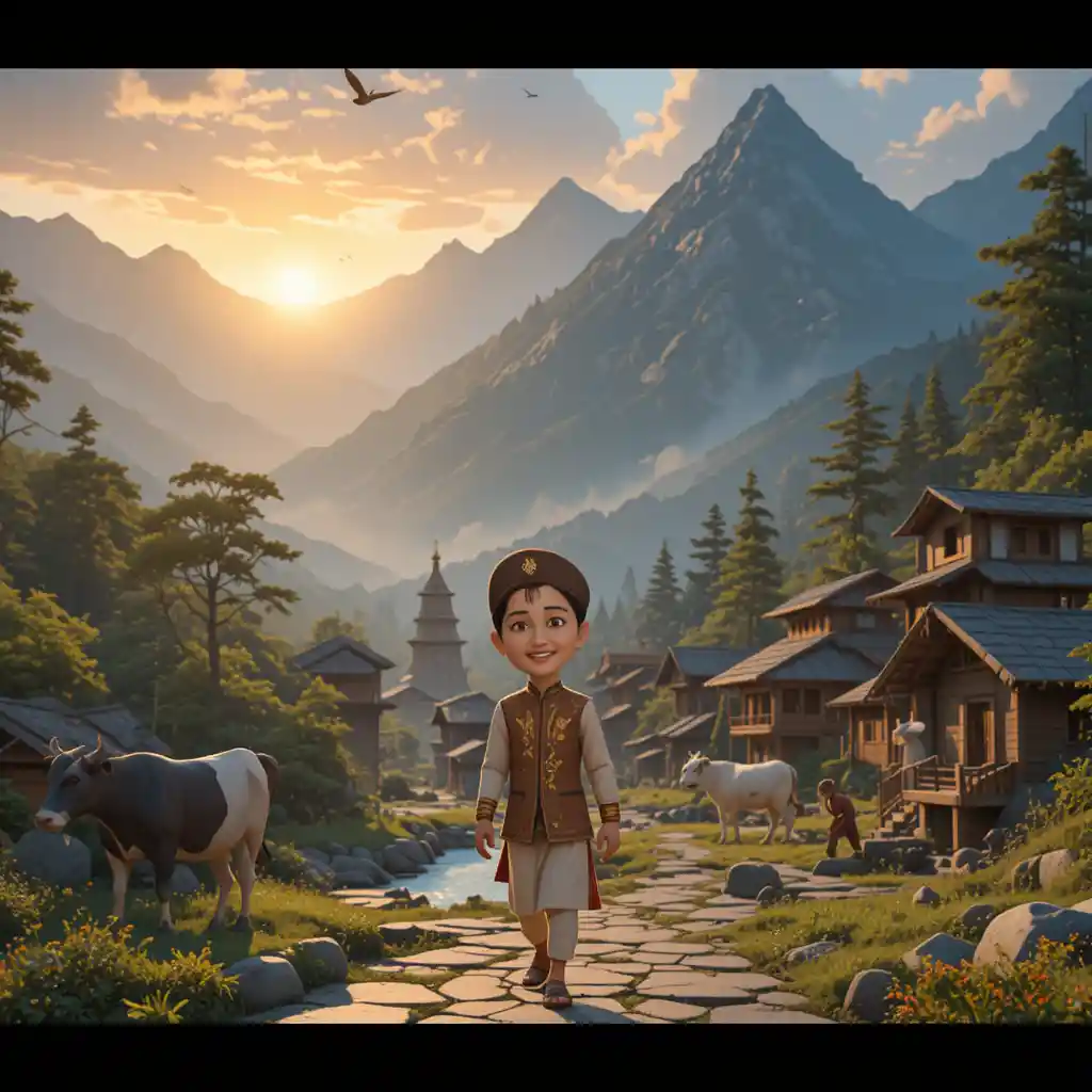 Smiling boy walking through a peaceful Himalayan mountain village