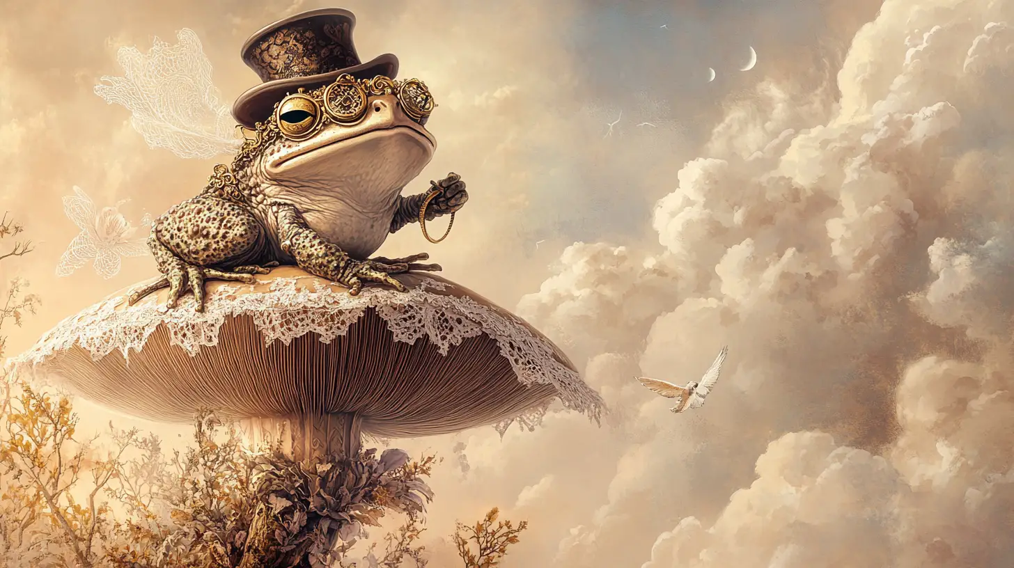 Victorian toad on ornate mushroom under dreamy moonlit sky
