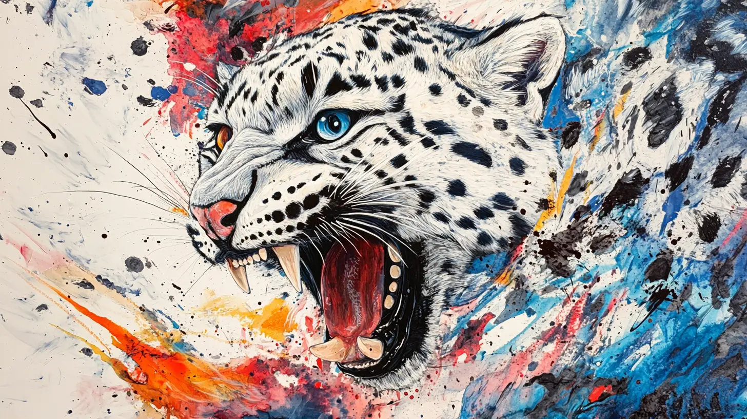 Snow leopard pouncing in dramatic abstract ink art