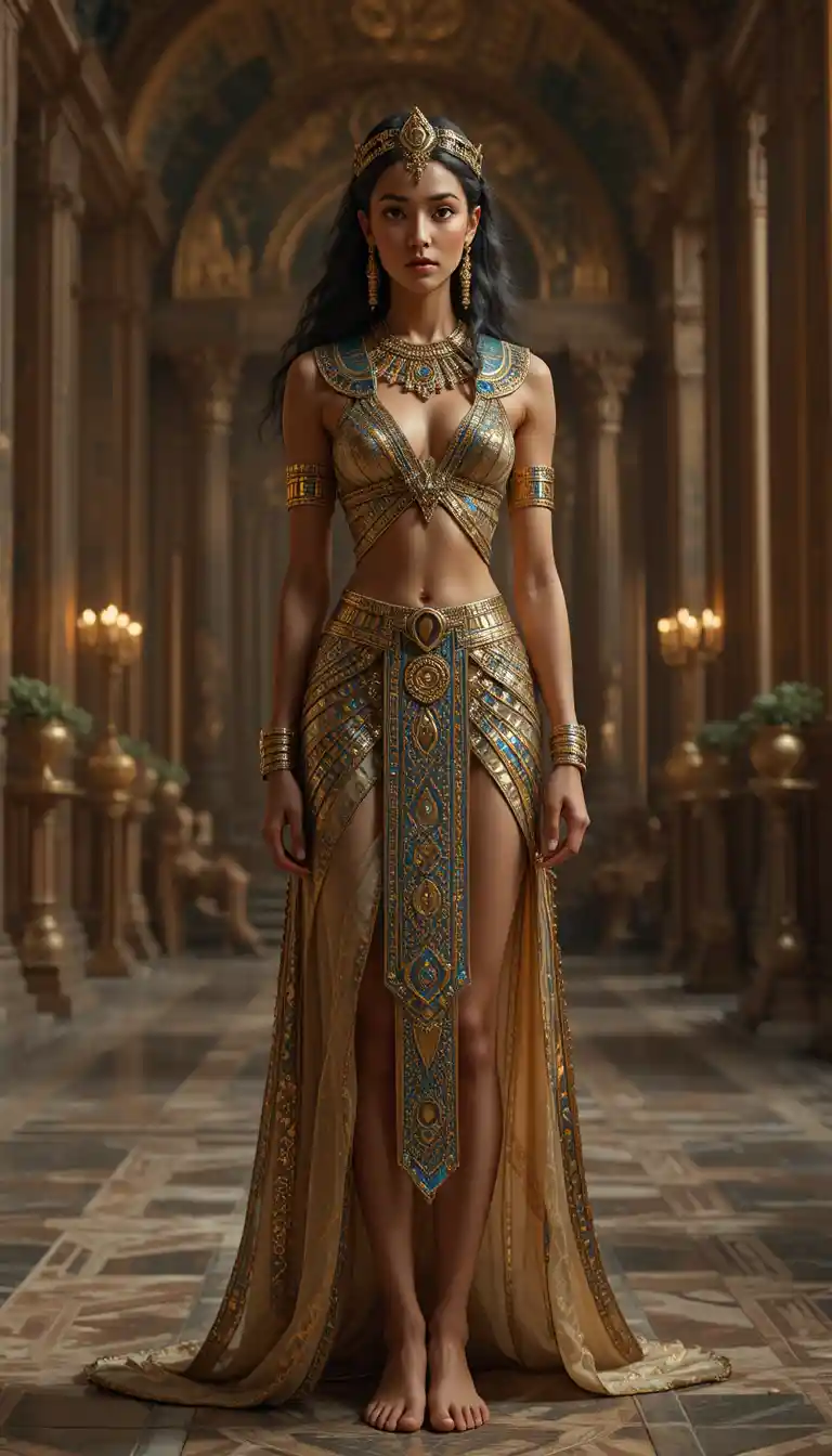 Young egyptian queen in ornate palace full body view