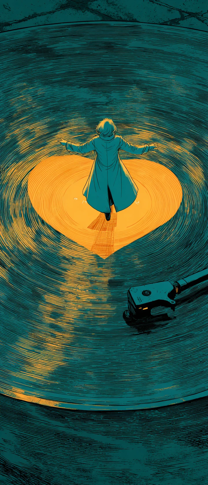 Person on giant turntable under golden hour sky