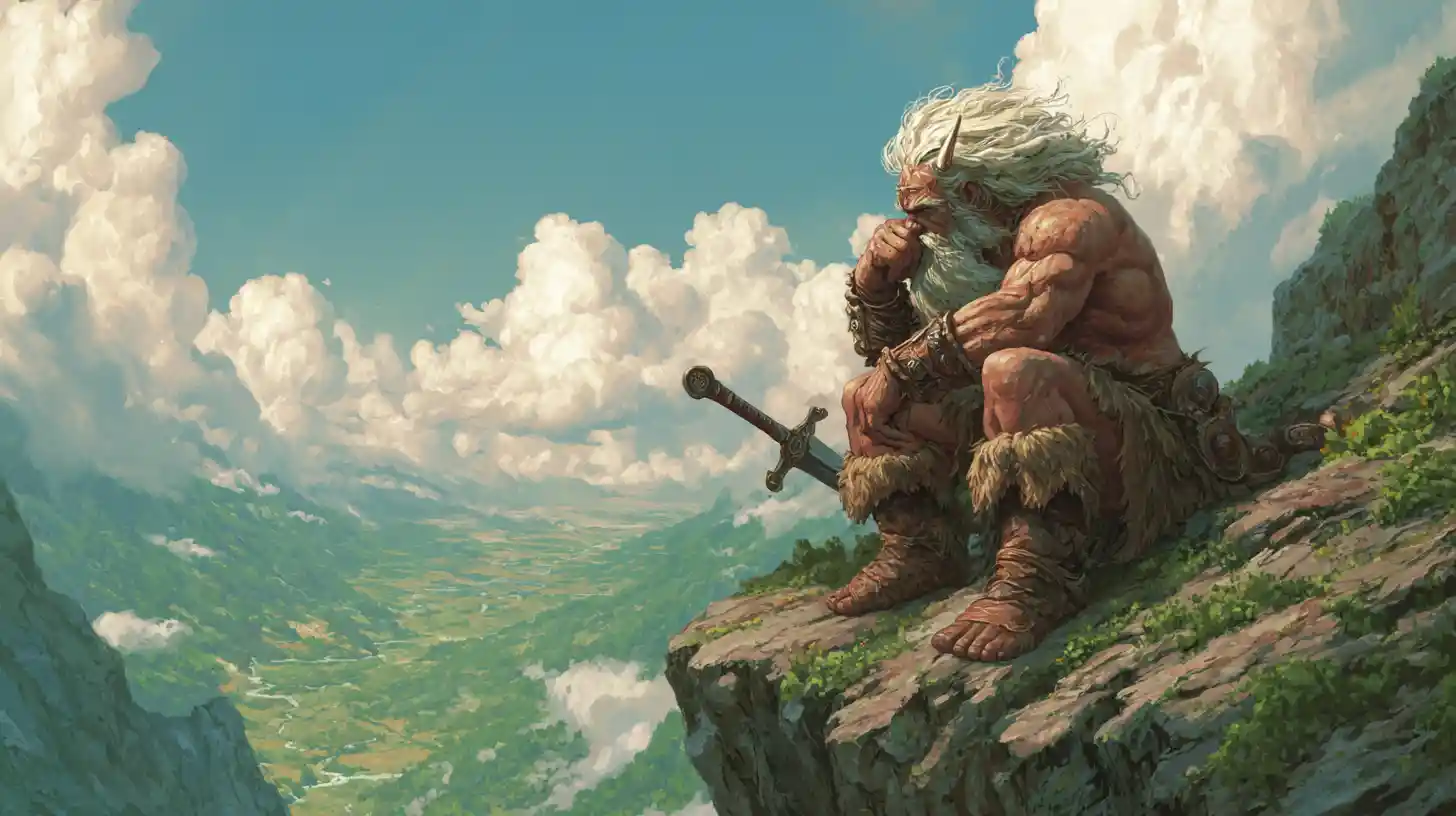 Ancient white bearded warrior overlooking a green valley