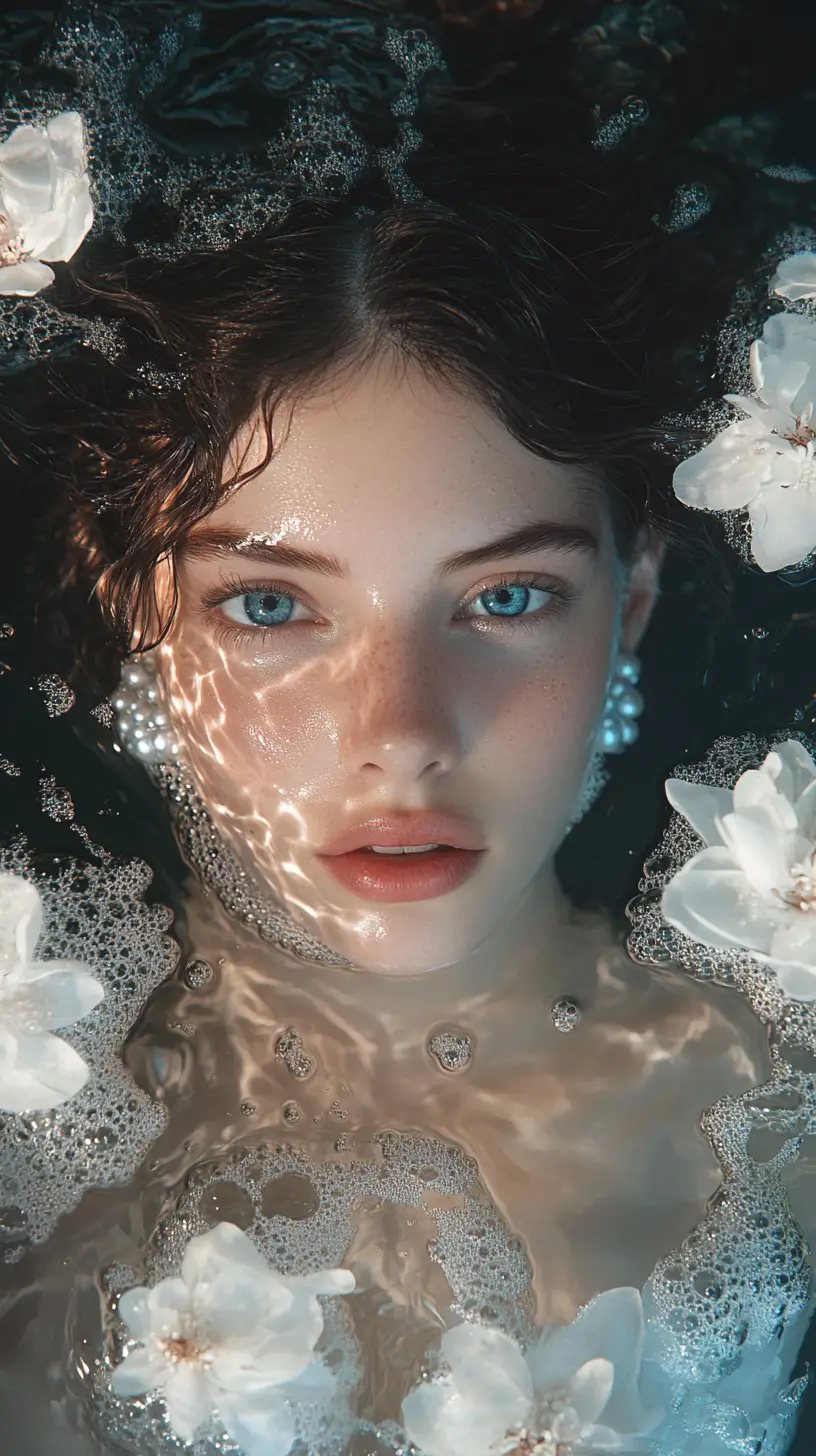 Ethereal woman in white dress rising from dark water