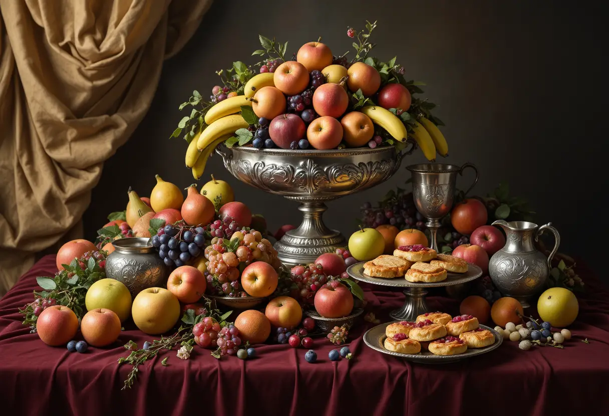 Naturaleza muerta opulenta con frutero de plata y pasteles