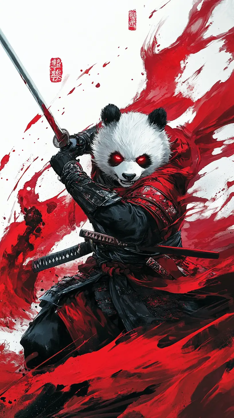 Fierce panda samurai drawing a katana in red smoke
