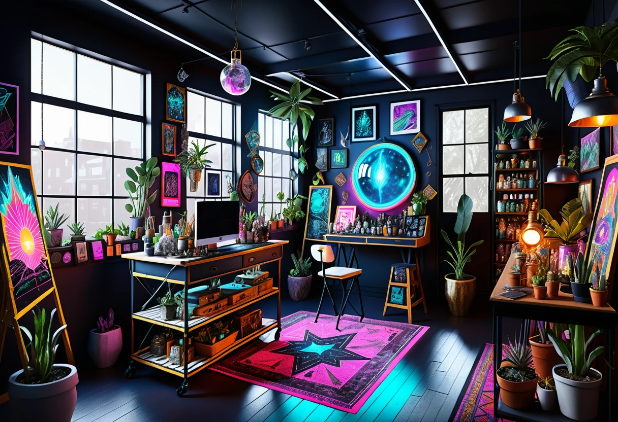 Top down view of airy loft art studio interior