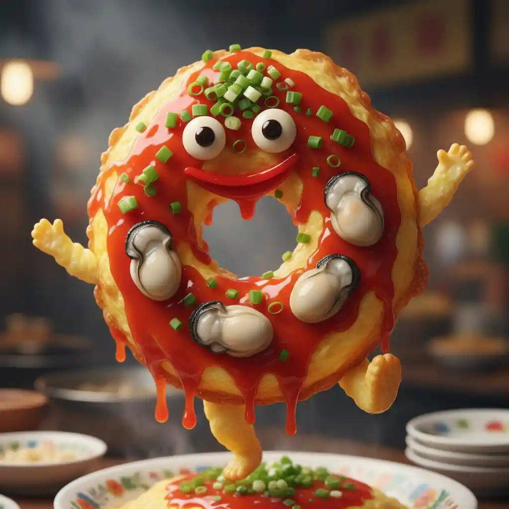 Playful oyster omelet character dancing with red sauce