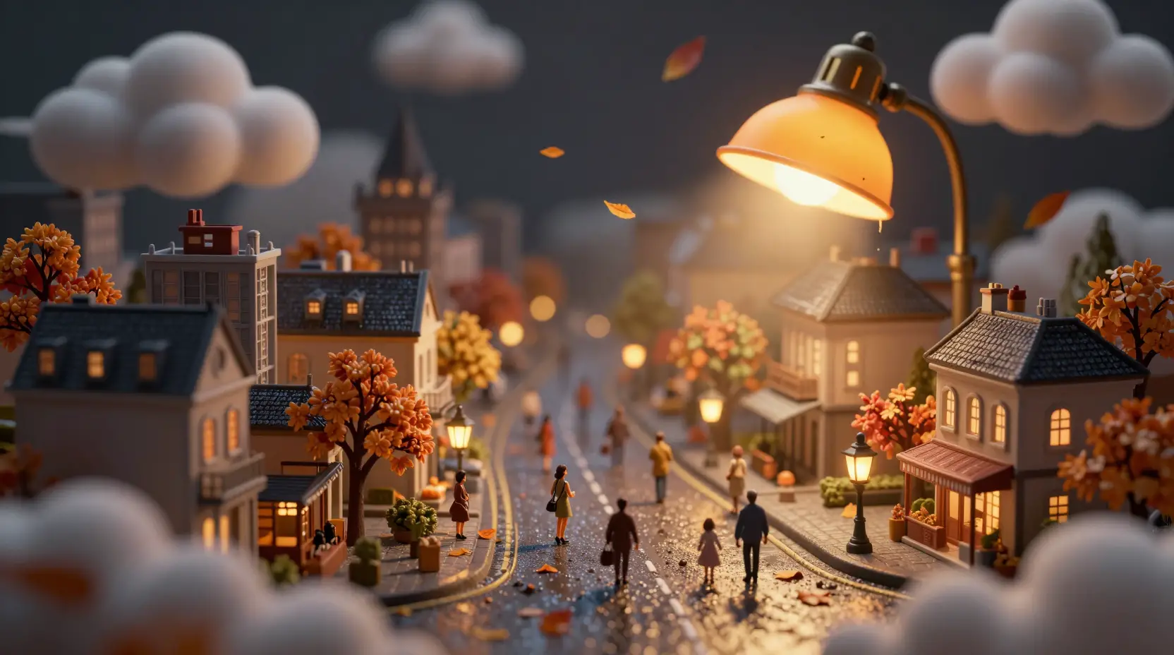 Miniature autumn city under glowing lamplight with tiny figures