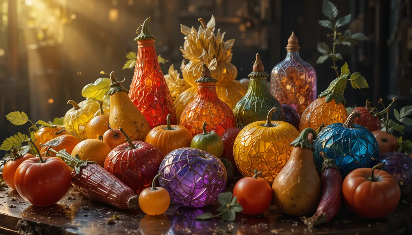 Natura morta surreale in vetro colorato con cibo luminoso