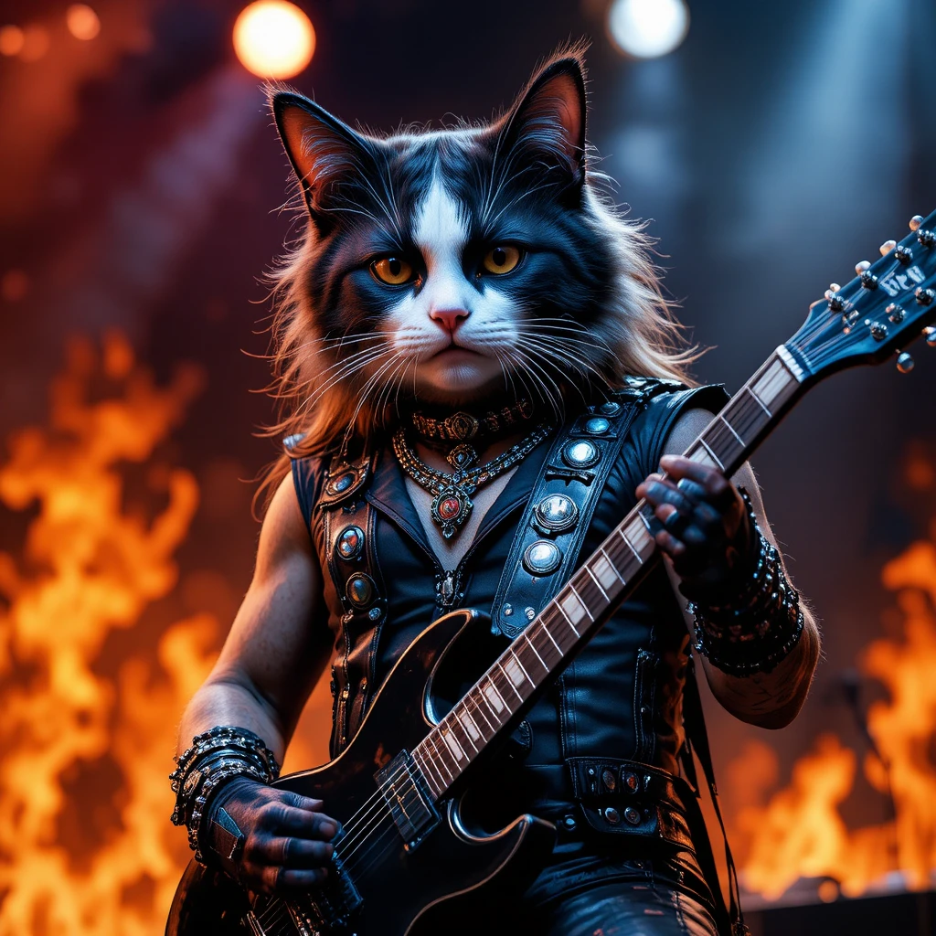Guitarrista gato de heavy metal en escenario de rock en llamas