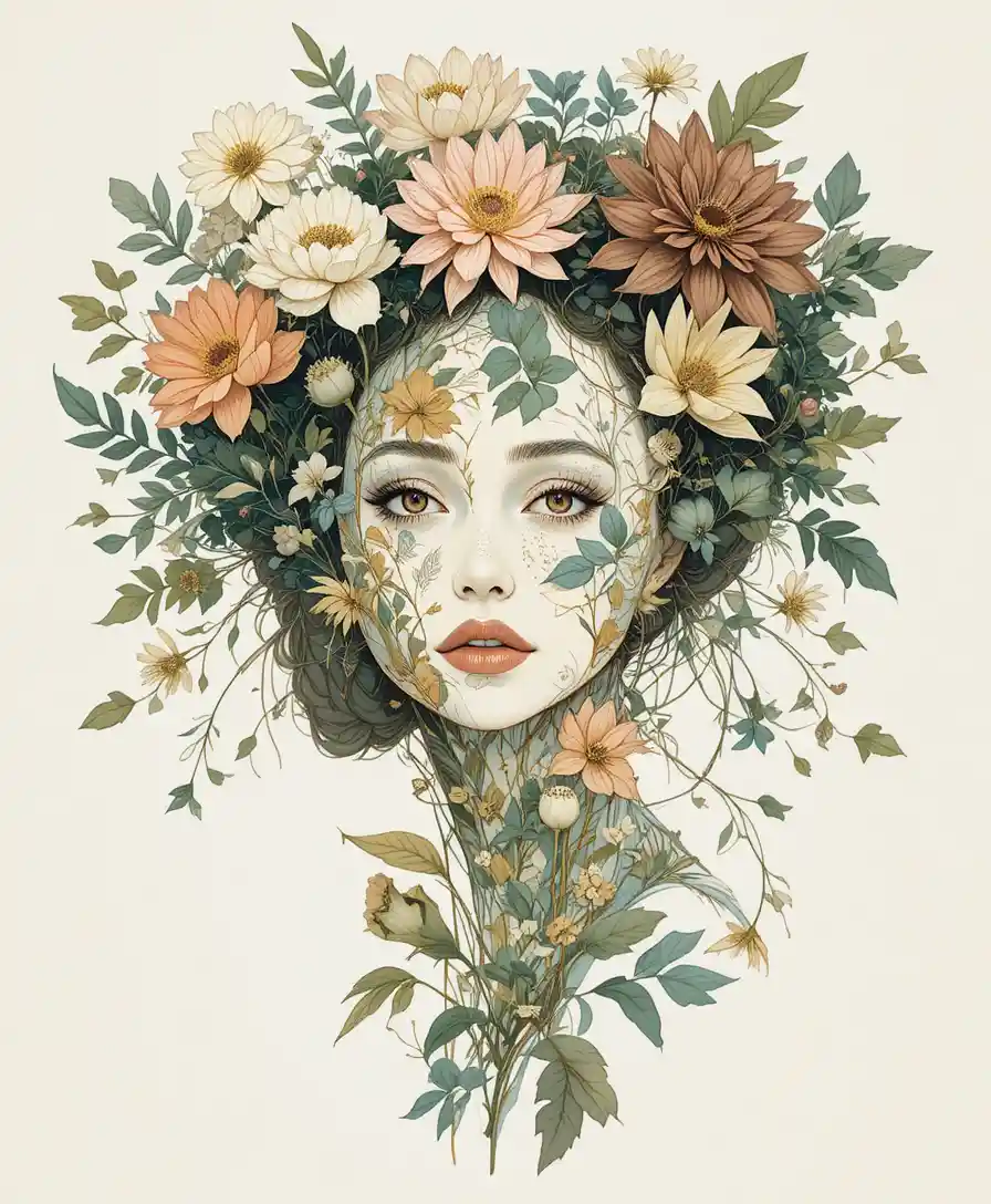 Beautiful woman framed by intricate botanical illustration art