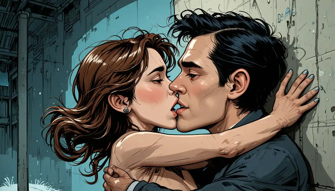 Passionate couple kissing closely against a cold wall
