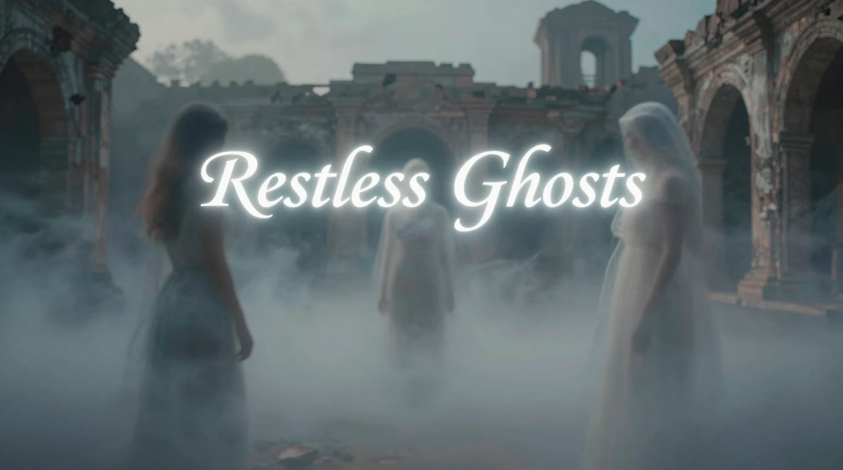 Ethereal ghostly figures drifting through crumbling ancient ruins