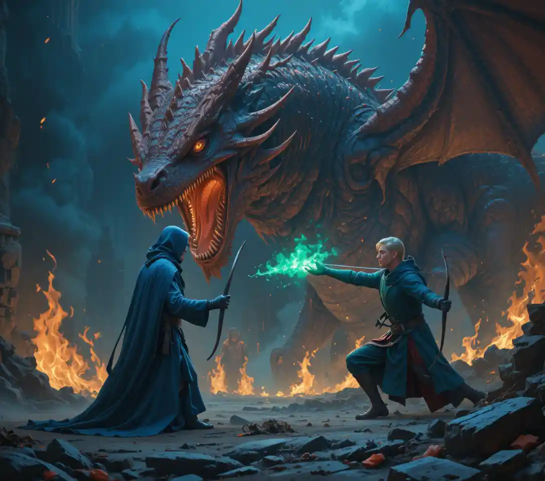 Mage and archer facing a flaming dragon in battle