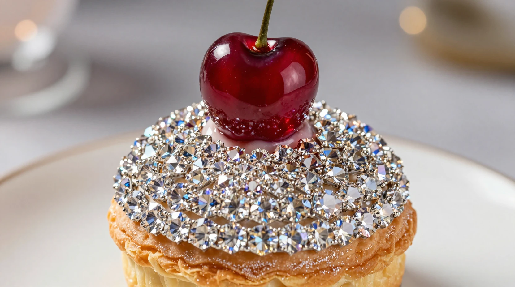 Postre lujoso de gemas con masa de diamante y cereza rubí