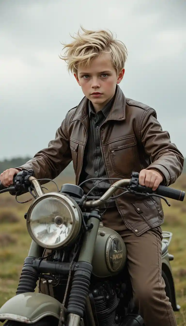 Niño decidido en motocicleta vintage en campo abierto nublado