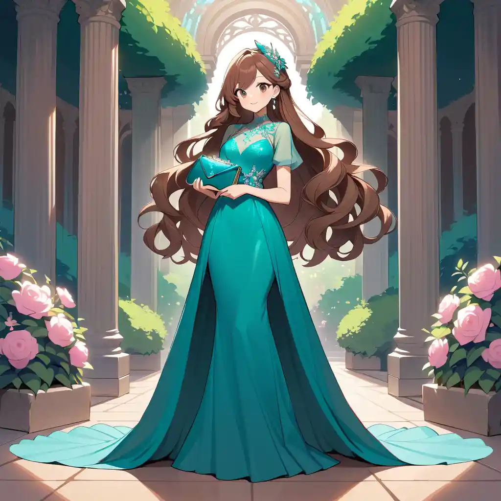 Elegant woman in teal gown standing in lush garden