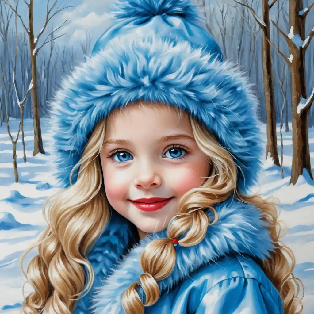 Smiling winter girl with puppy in blue fur hat