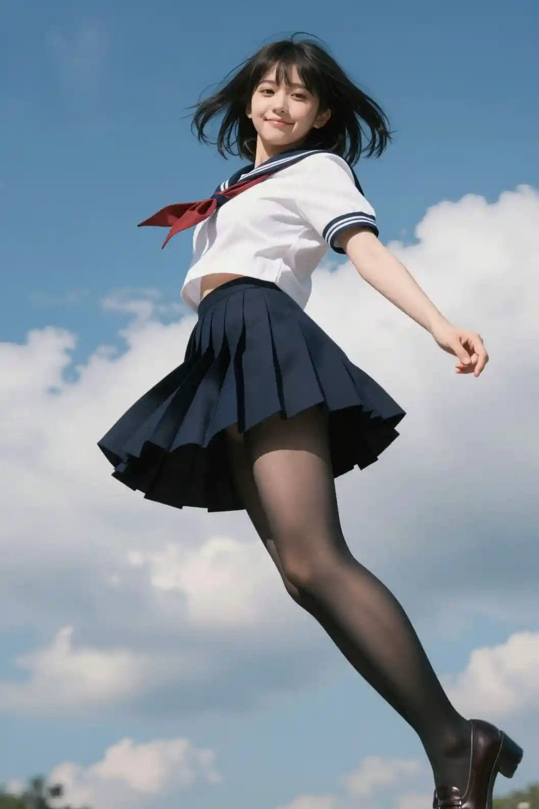 Ragazza anime in uniforme scolastica sotto un cielo blu brillante