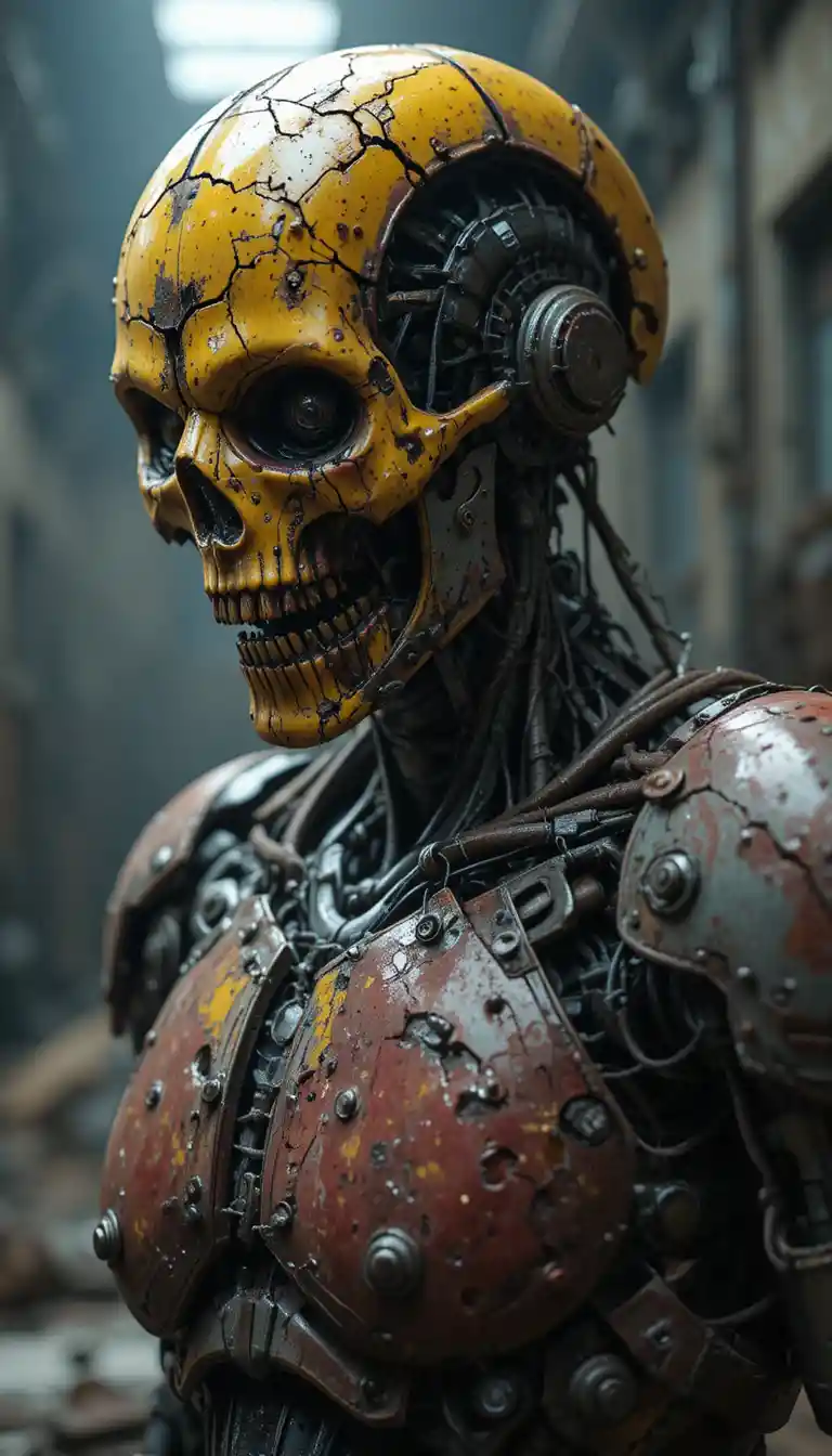 Damaged humanoid robot with yellow skull in industrial blur