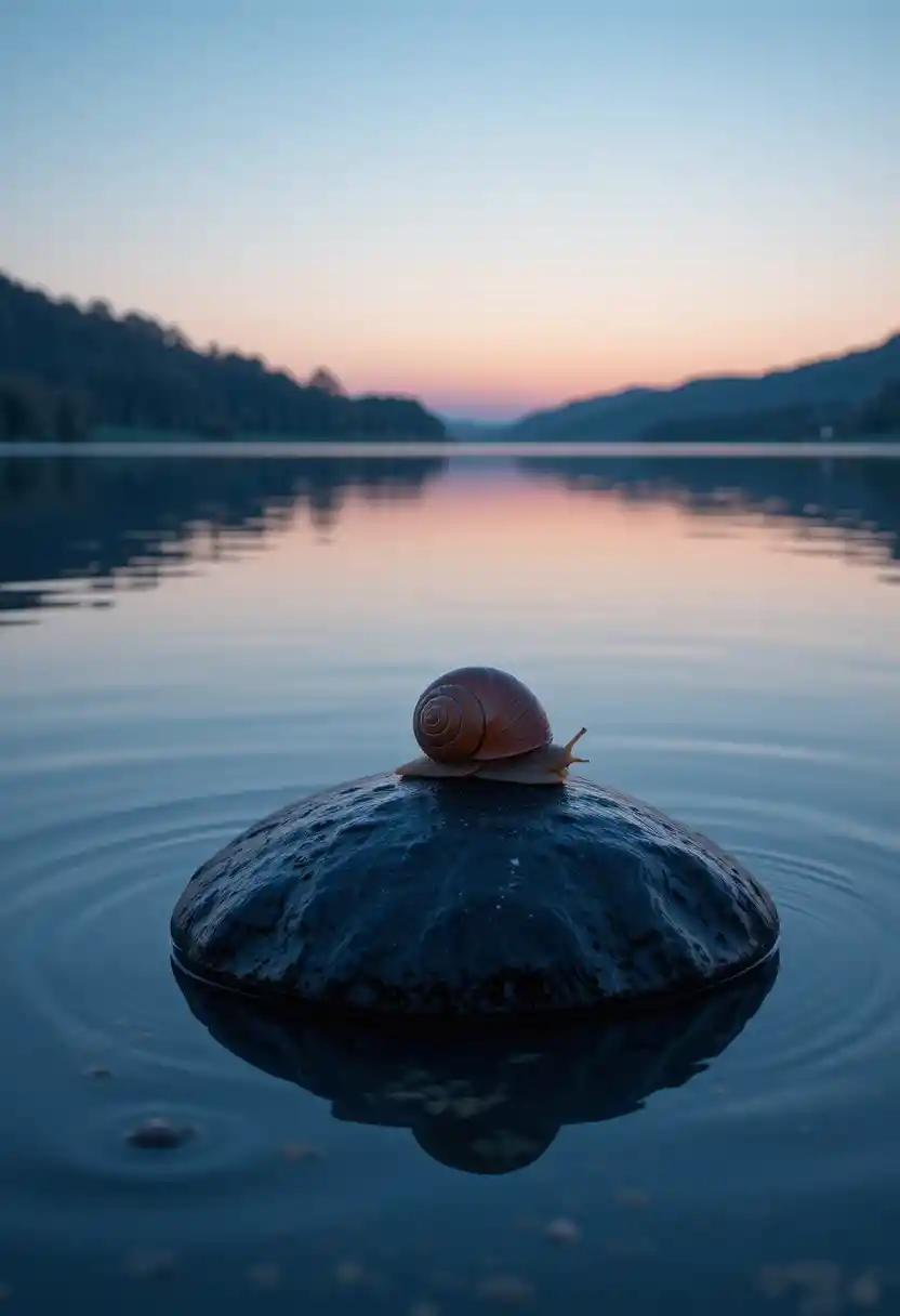 Solitary sea snail on stone by a calm reflective lake