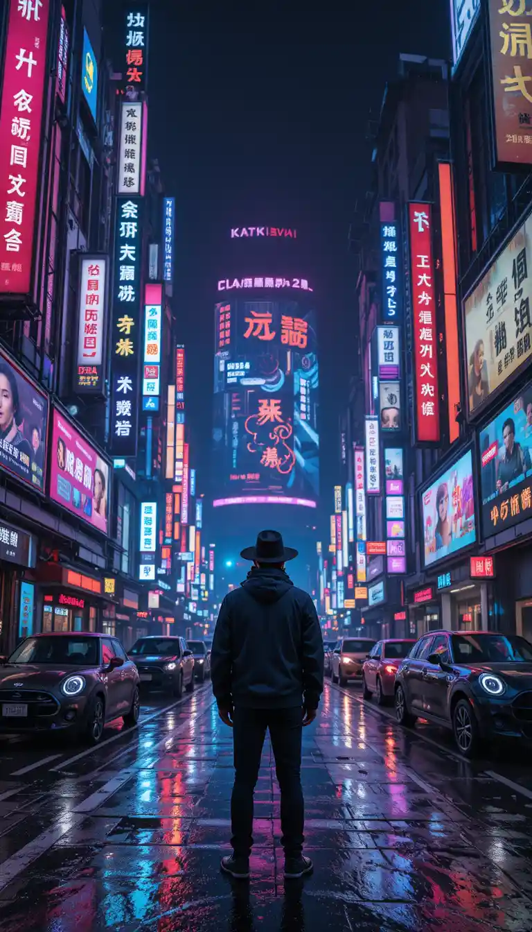 Man on neon city street facing giant digital billboard