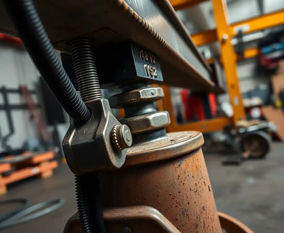 Close up hydraulic jack lifting a heavy steel beam
