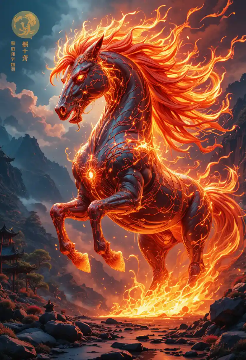 Cavallo cinese di fuoco che corre in un paesaggio montuoso mistico