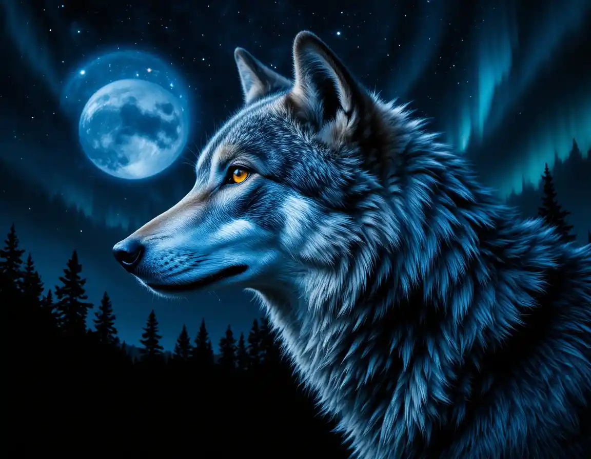 Wolfskopf im Seitenprofil unter einem kosmischen Nachthimmel