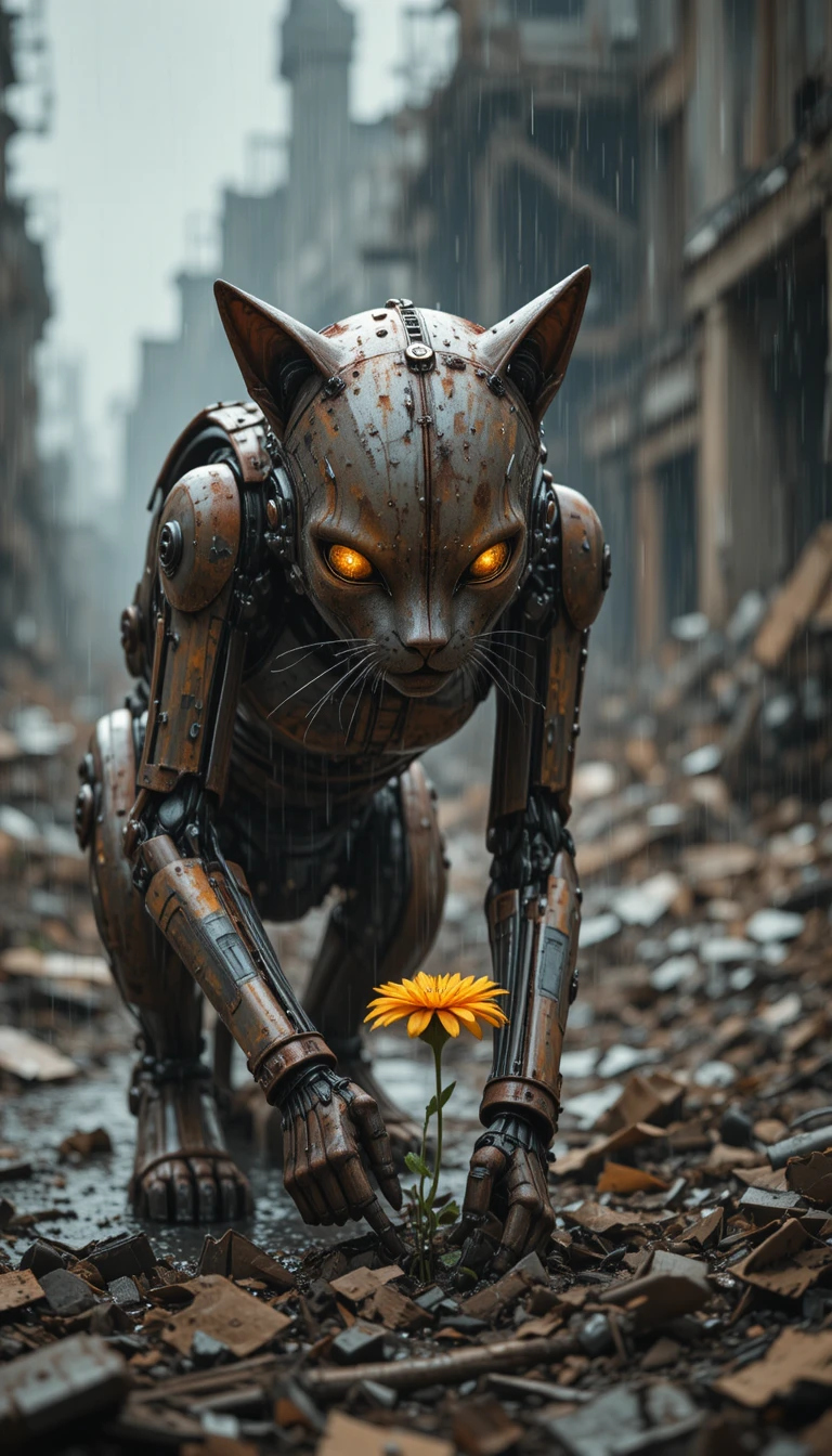 Gato robot posapocalíptico observando una solitaria flor amarilla
