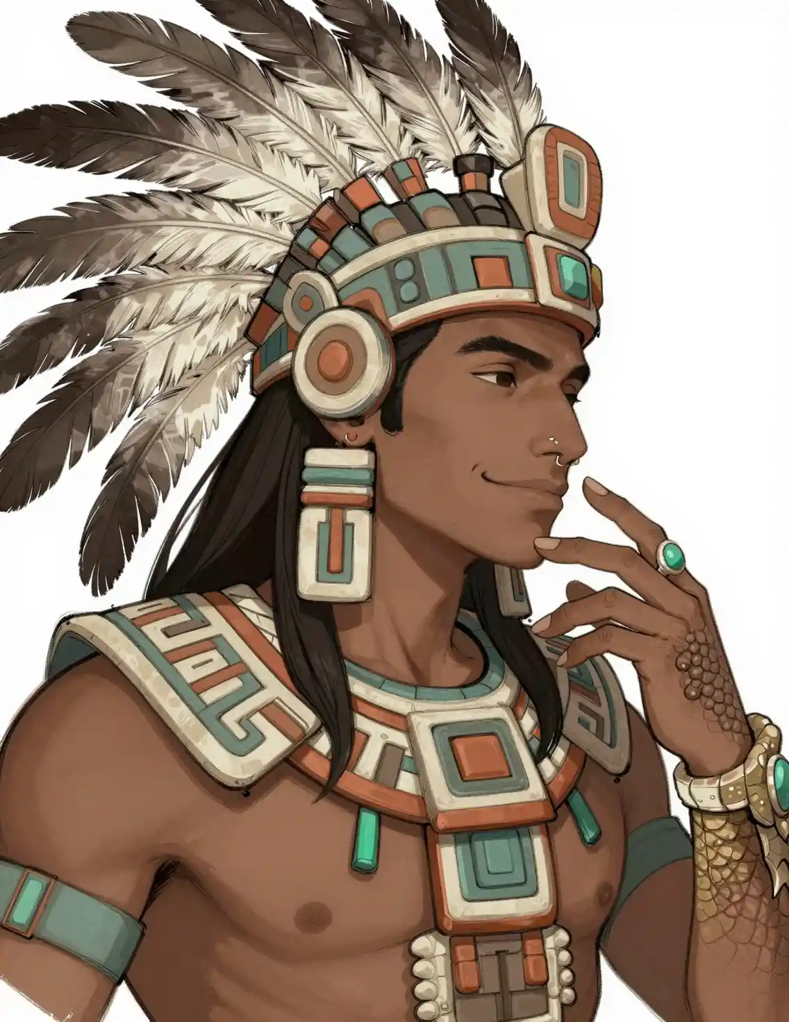 Mesoamerican inspired male profile with feathered headdress