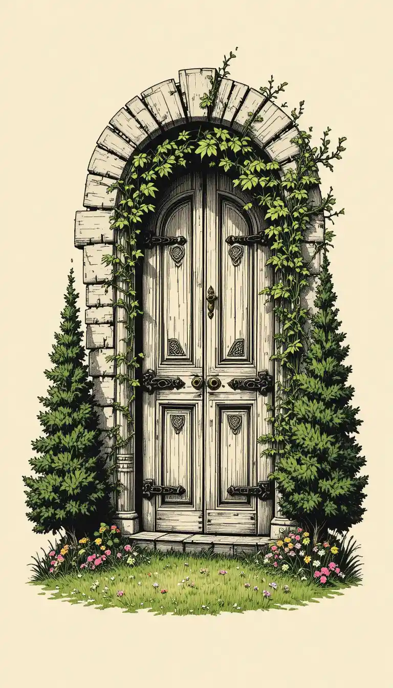 Woodcut door illustration framed by ivy and stone arch