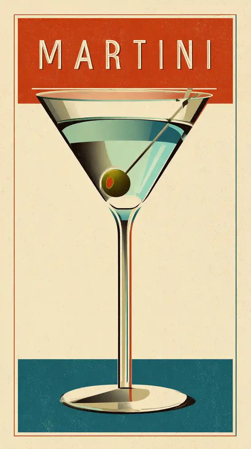 Póster de cóctel martini de estilo mid-century con copa centrada