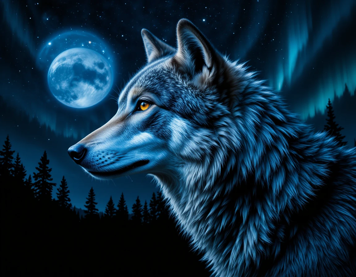 Wolfskopf im Seitenprofil unter einem kosmischen Nachthimmel