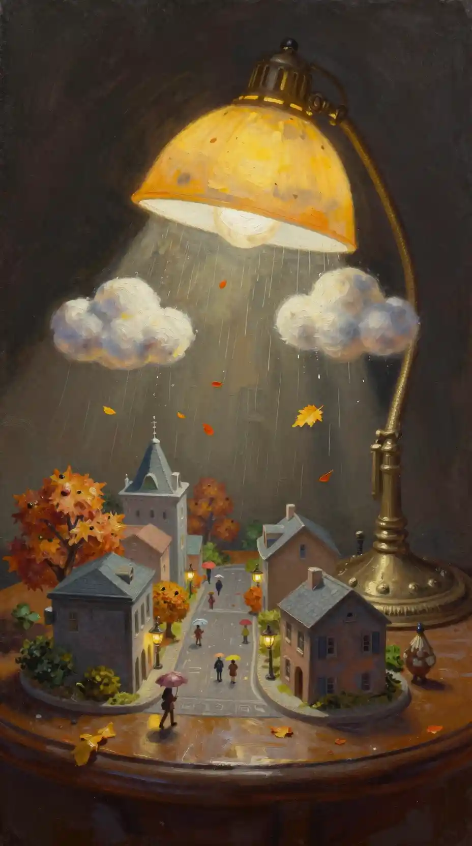 Antique desk lamp illuminating a tiny fantasy city