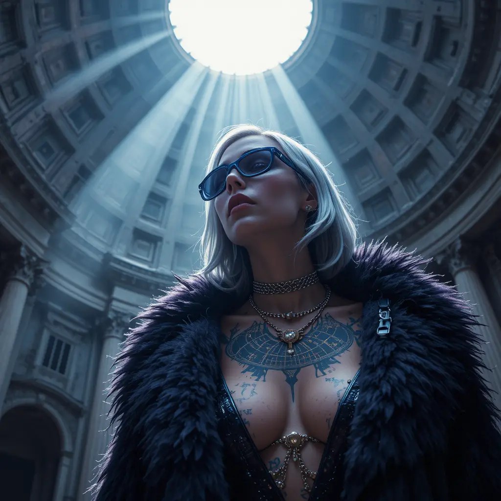 Femme fatale under a monumental domed skylight beam