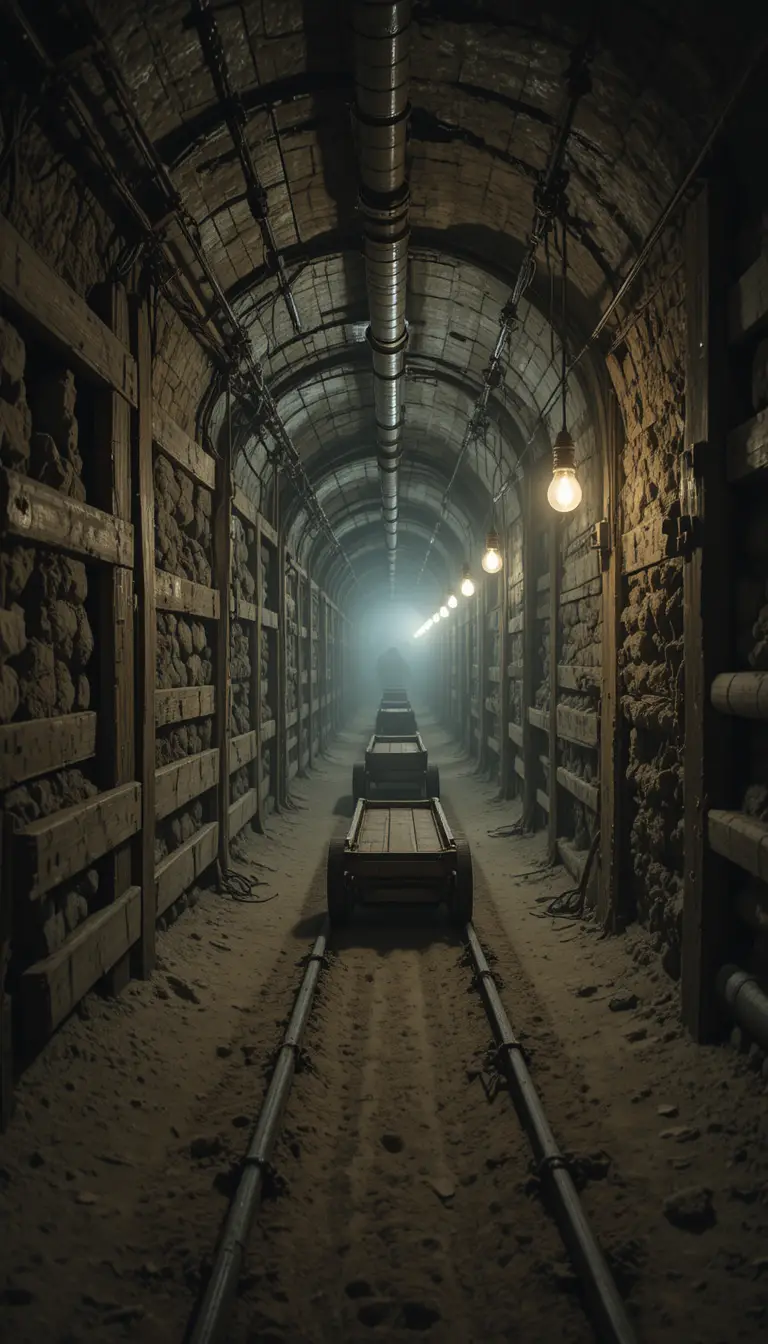 Prisoners Working In Narrow Underground Tunnel With Rail Cart