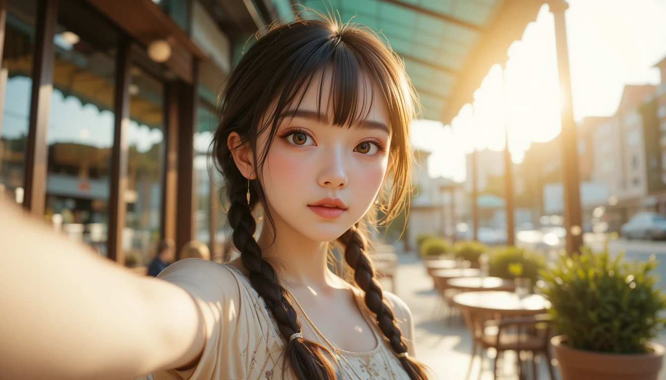 Anime girl selfie beside a sunlit street cafe