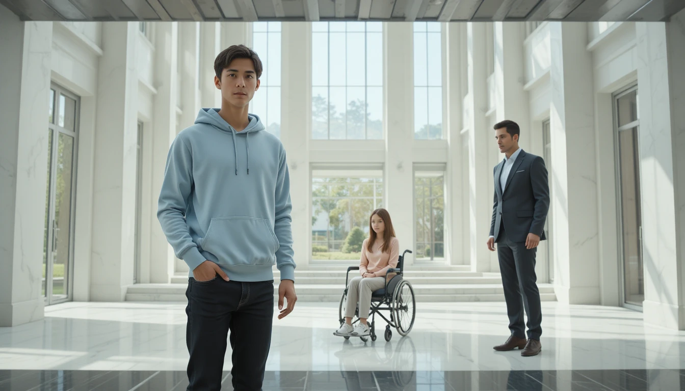 Adolescente em pé no interior claro de uma mansão moderna