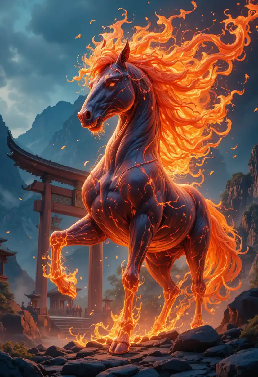 Cavallo mitico di fuoco impennato sopra un paesaggio montano fantasy