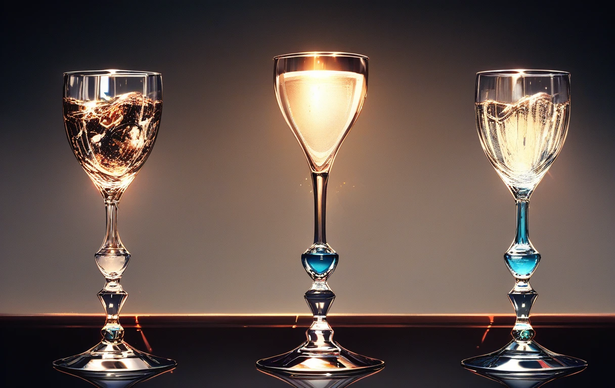 Elegante calice di vetro vuoto sotto un fascio di luce dorata
