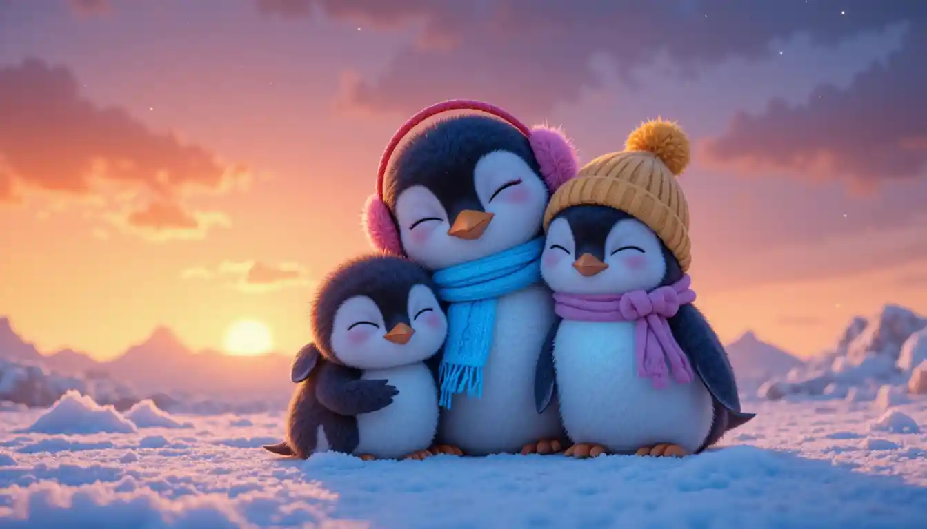 Cute penguin trio cuddling in glowing snowy sunset