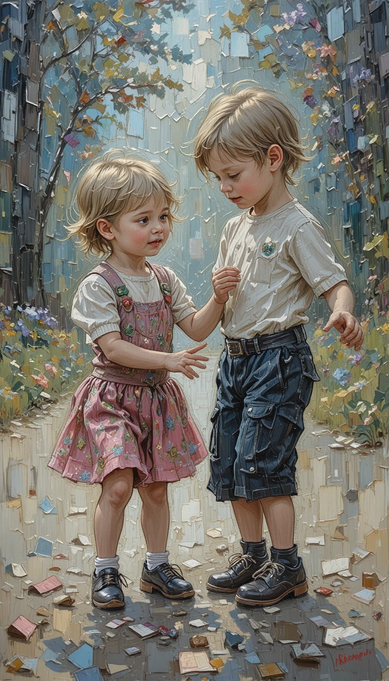 Impressionist oil painting of children playing together