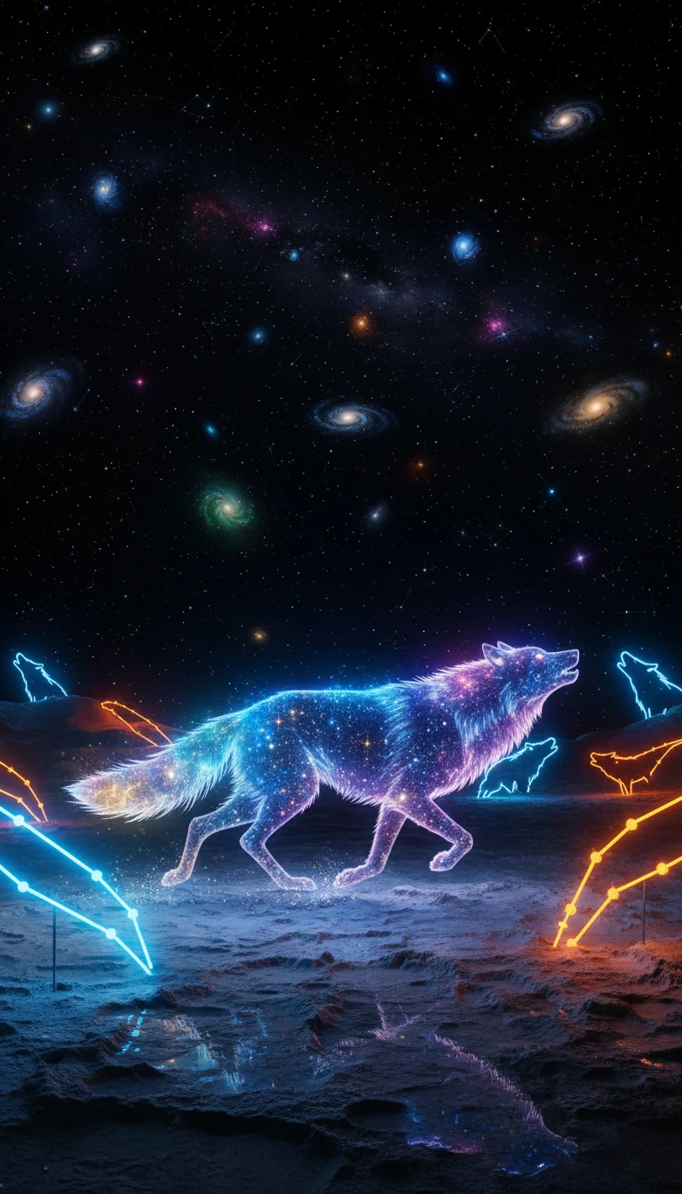 Himmlischer Wolf, der über die mondbeschienene Mondoberfläche läuft