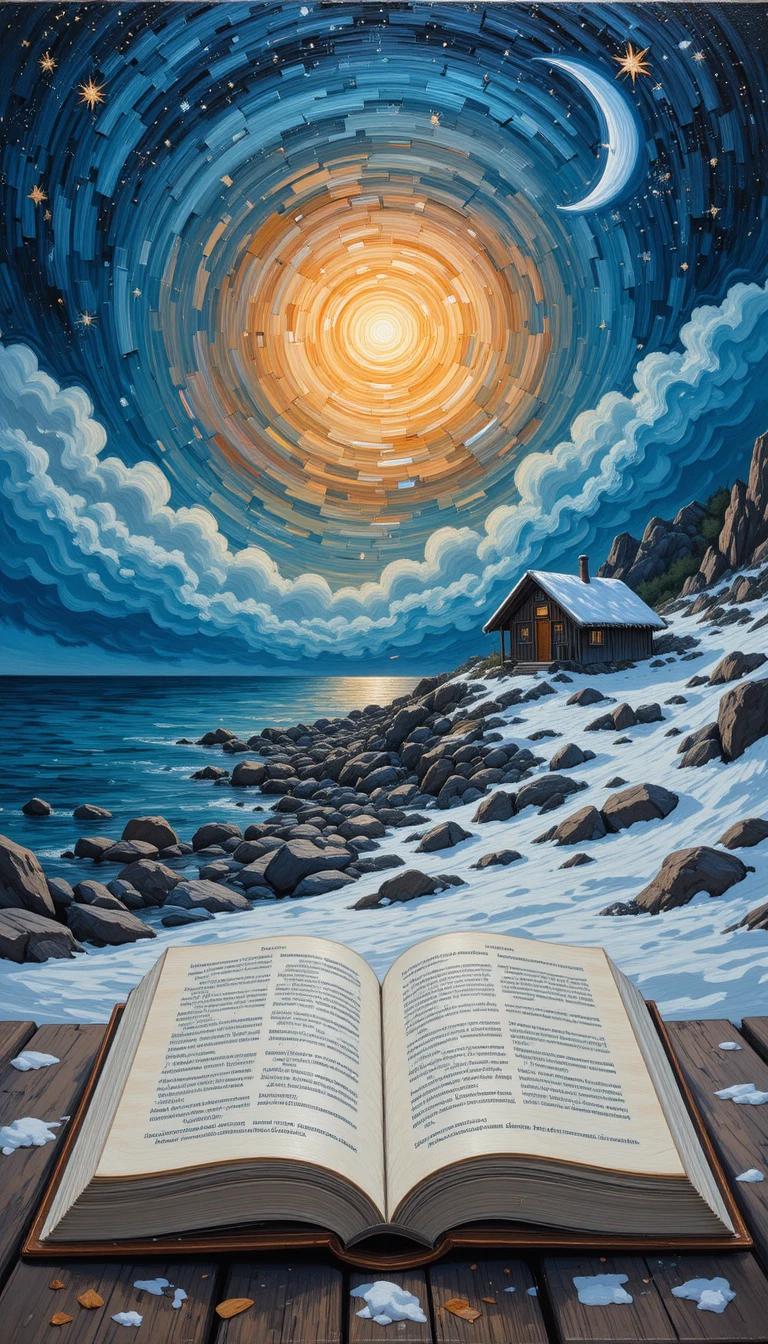 Libro abierto frente a una costa nevada bajo la luna creciente
