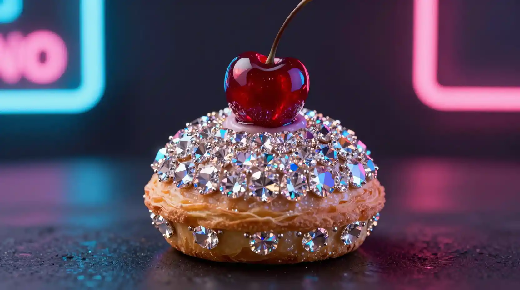 Postre joya con corteza de diamante y cereza rubí
