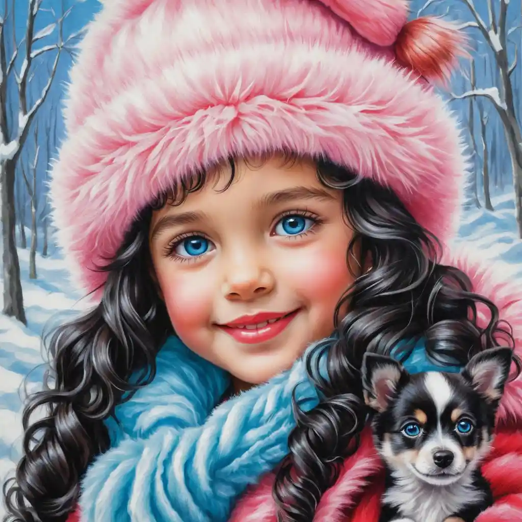 Smiling winter girl with puppy in pink fluffy outfit