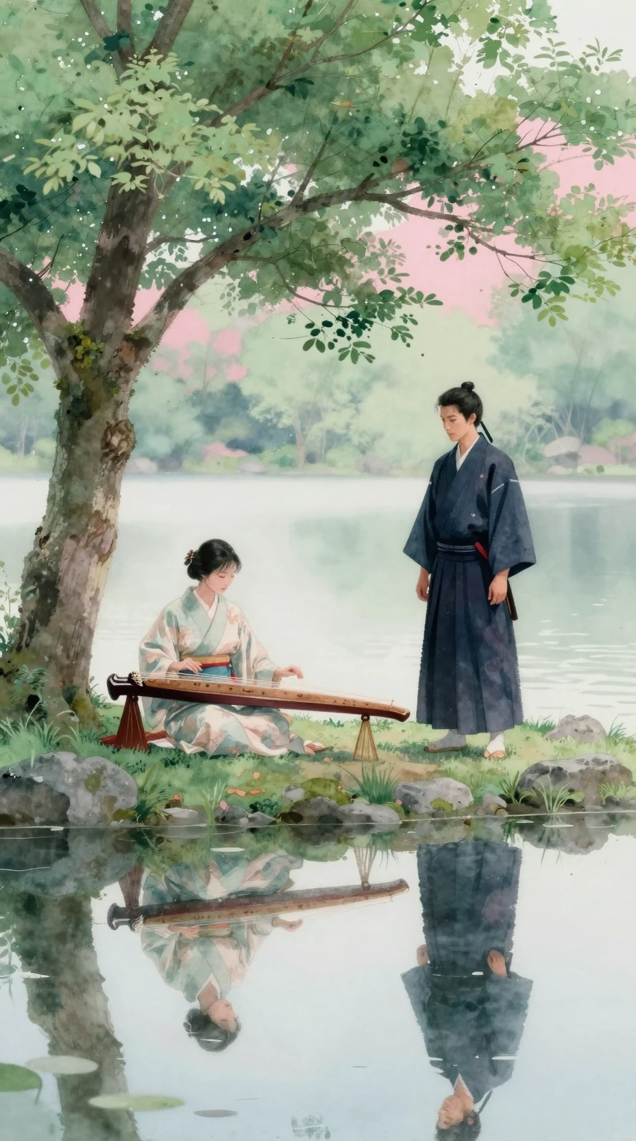 Samouraï et Joueuse de Koto au Pied d’un Arbre au Bord d’un Lac Paisible